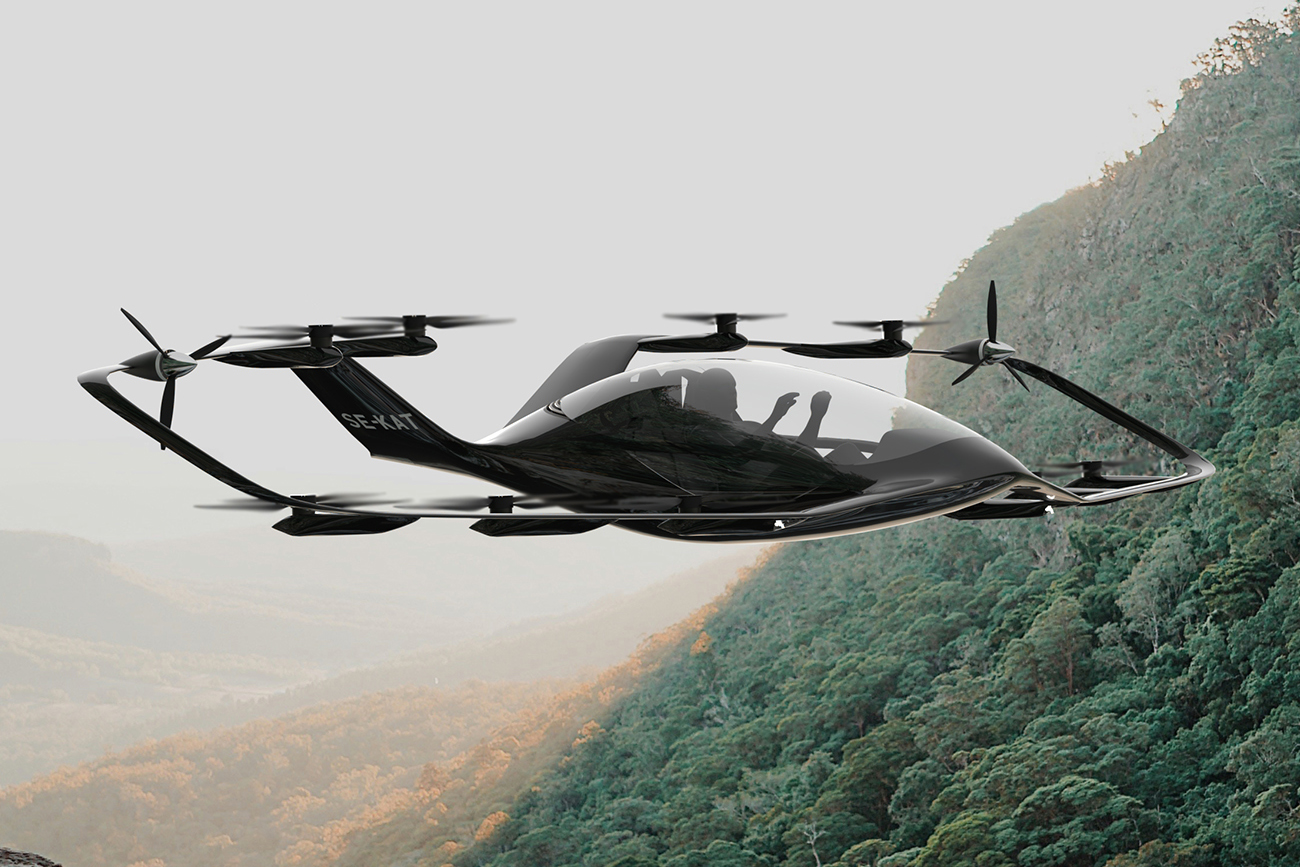 Katla 700 two passenger eVTOL aircraft flying in a mountainous region Katla 700 two passenger eVTOL aircraft flying in a mountainous region